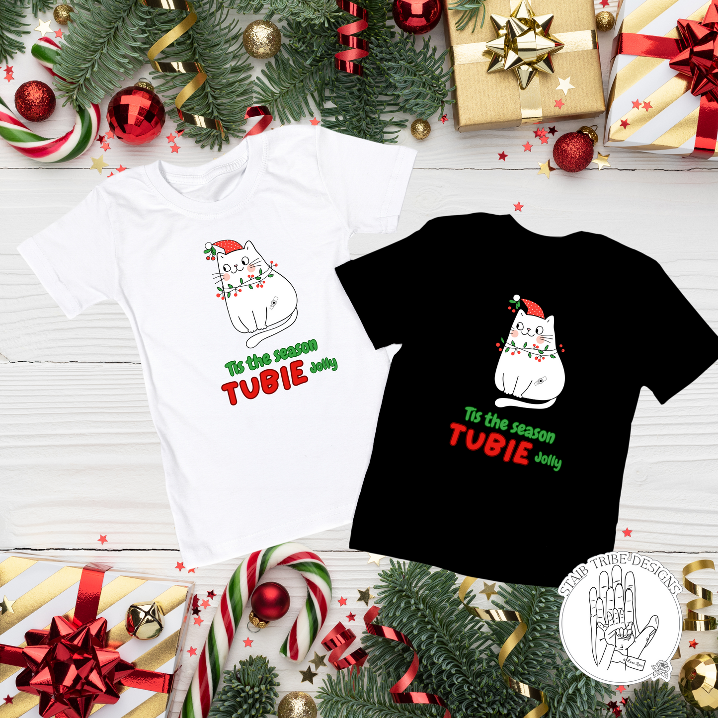 Kids Tis The Season Tubie Jolly T-Shirt - Cat, Santa Hat, Fairy Lights