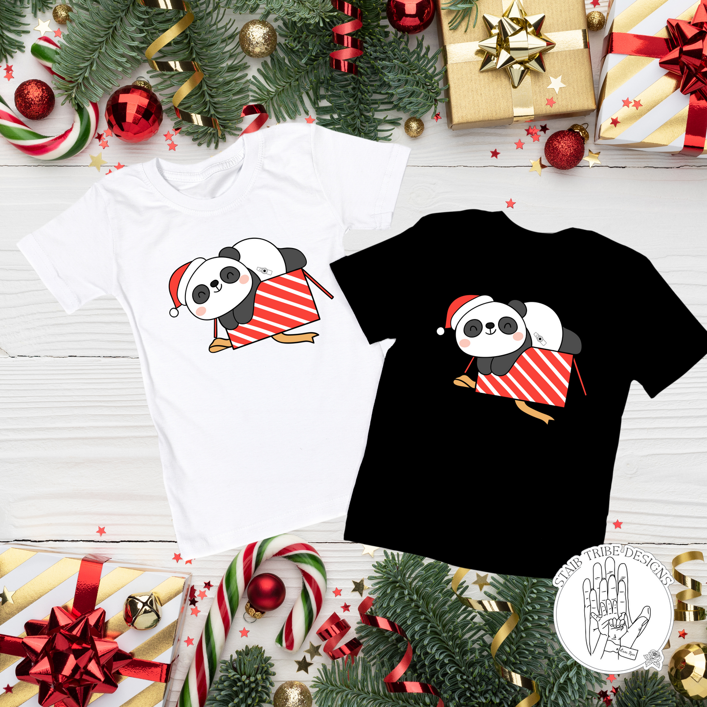 Kids Tis The Season Tubie Jolly T-Shirt - Panda, Santa Hat, Present