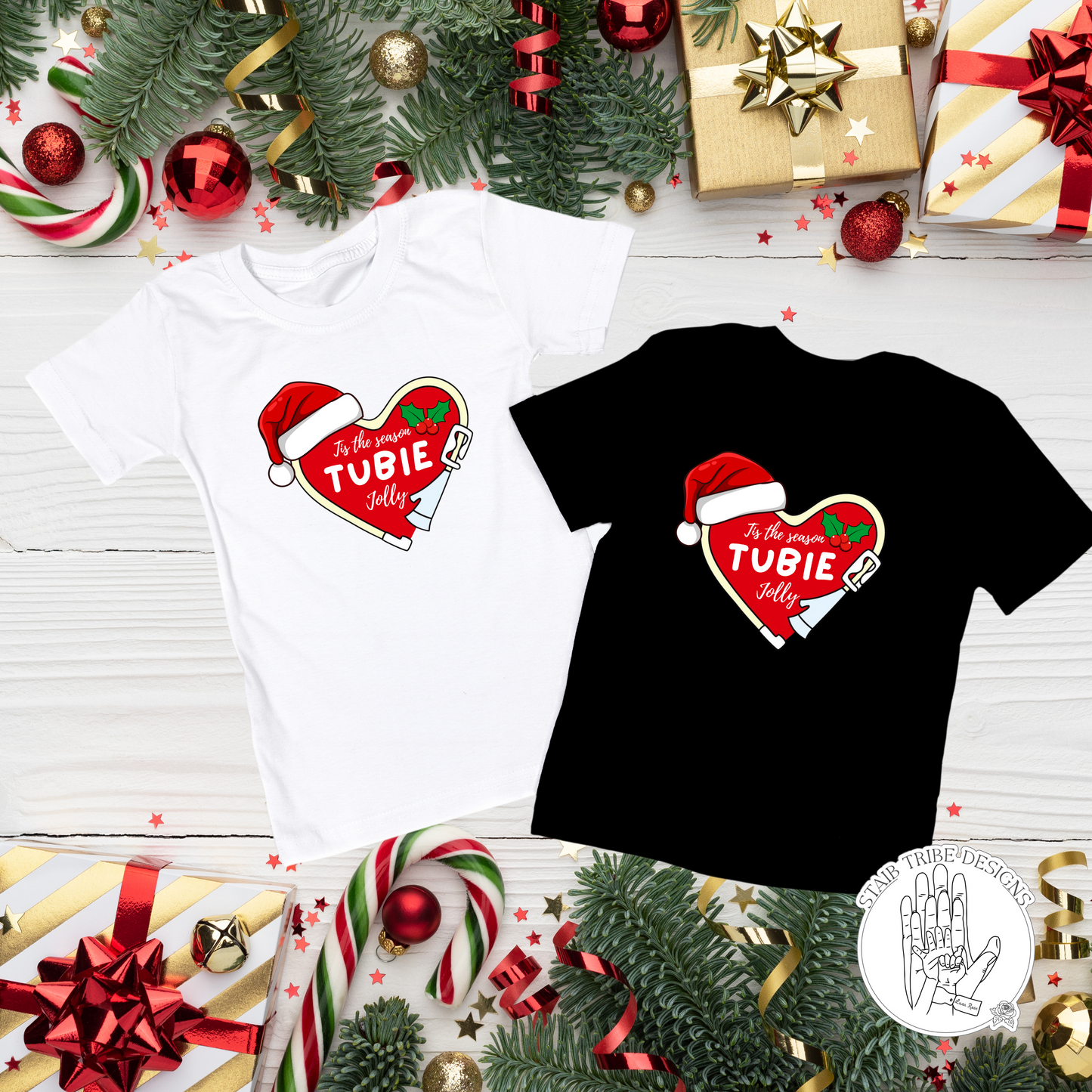 Kids Tis The Season Tubie Jolly T-Shirt - Extension, Heart, Santa Hat