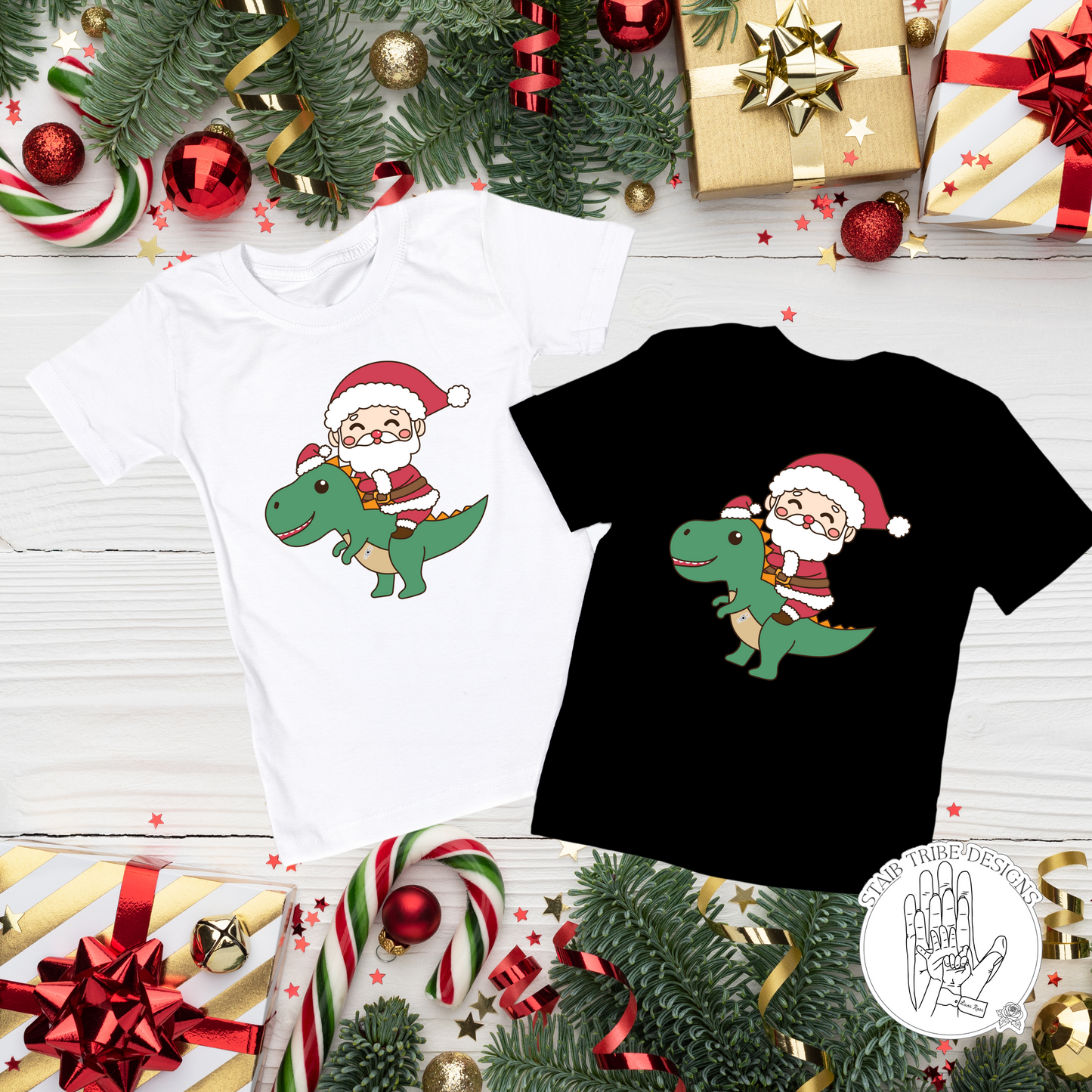 Adult Tis The Season Tubie Jolly T-Shirt - Santa Riding Dinosaur