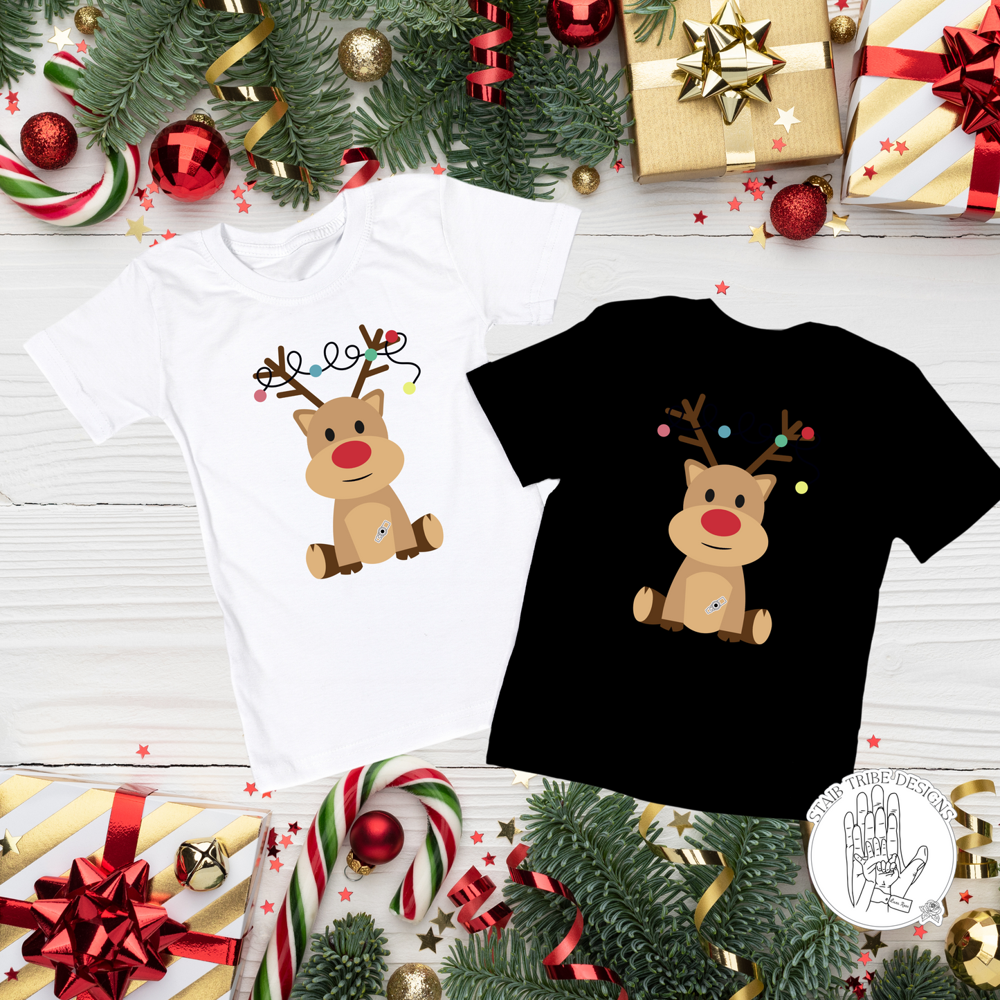 Adult Tis The Season Tubie Jolly T-Shirt - Reindeer, Fairy Lights