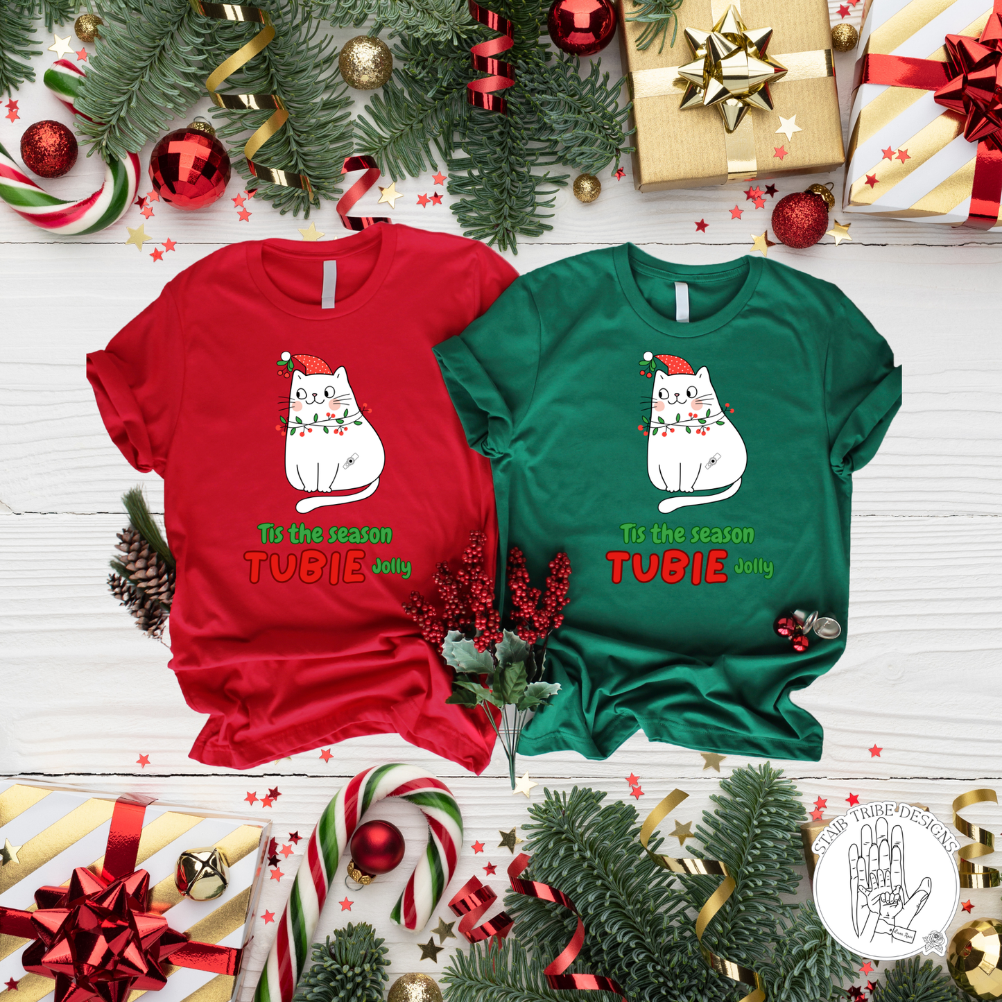 Kids Tis The Season Tubie Jolly T-Shirt - Cat, Santa Hat, Fairy Lights