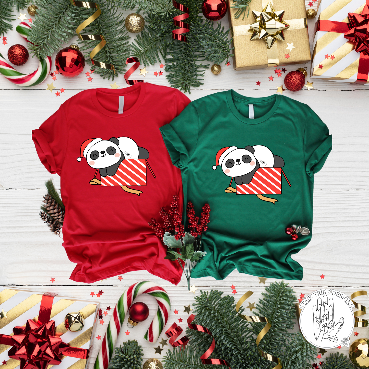 Kids Tis The Season Tubie Jolly T-Shirt - Panda, Santa Hat, Present