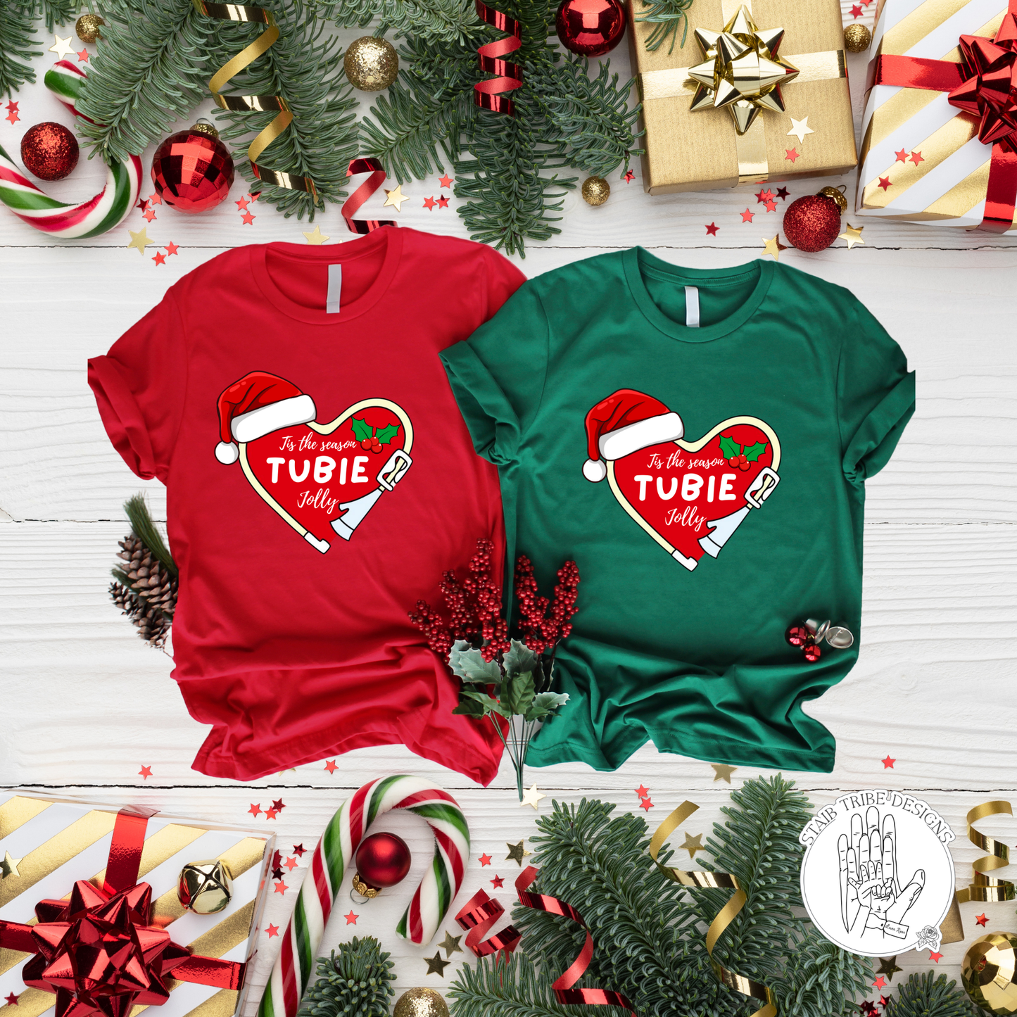 Kids Tis The Season Tubie Jolly T-Shirt - Extension, Heart, Santa Hat