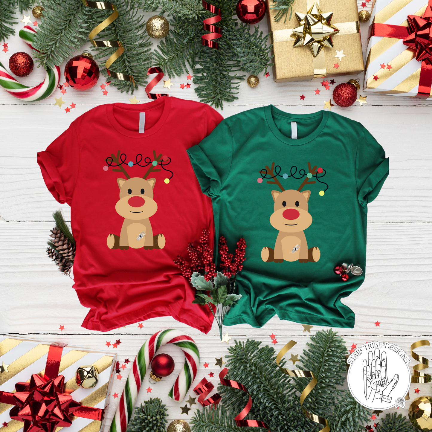 Adult Tis The Season Tubie Jolly T-Shirt - Reindeer, Fairy Lights