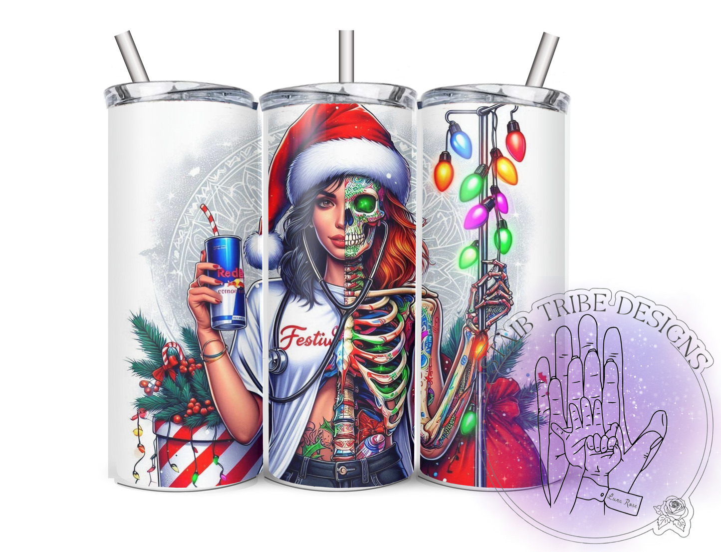 Festive ASF Medical Woman With IV Poll & Redbull 20oz Tumbler