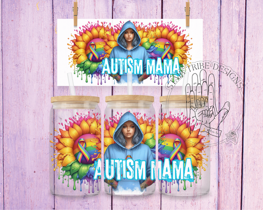 Autism Mama, Rainbow Dripping Sunflowers & Ribbon 16oz Acrylic Libbey