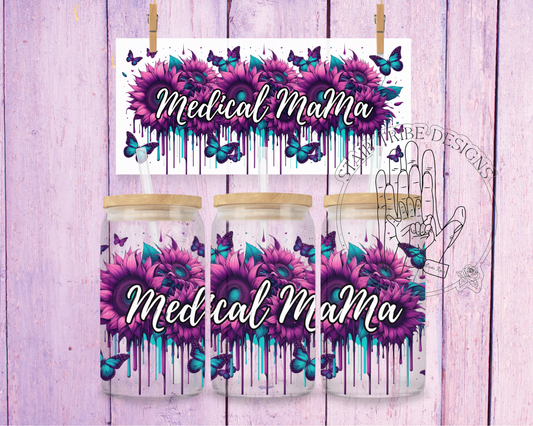 Medical MaMa, Purple sunflowers & butterflies 16oz Acrylic Libbey