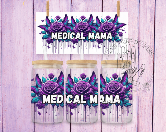 Medical MaMa, purple roses & blue butterflies 16oz Acrylic Libbey