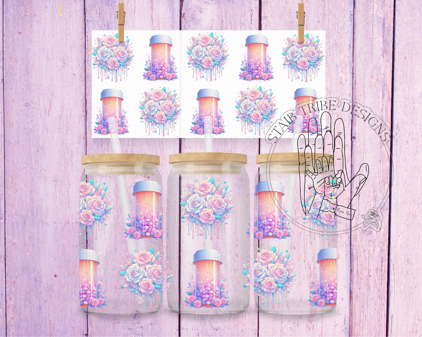 Pretty Medication Bottles & Flowers 16oz Acrylic Libbey