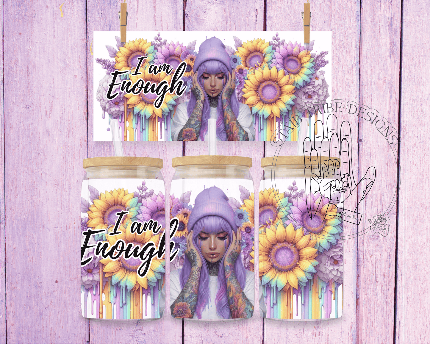 I Am Enough , Pastel Rainbow Woman 16oz Acrylic Libbey